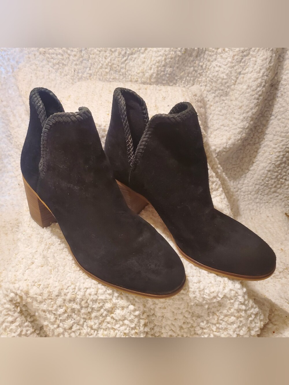 FRYE AND CO. Black Suede Ankle Booties with Stacked Wood Heel